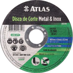 Disco de Corte Metal Inox 115mmX1,0mm Atlas